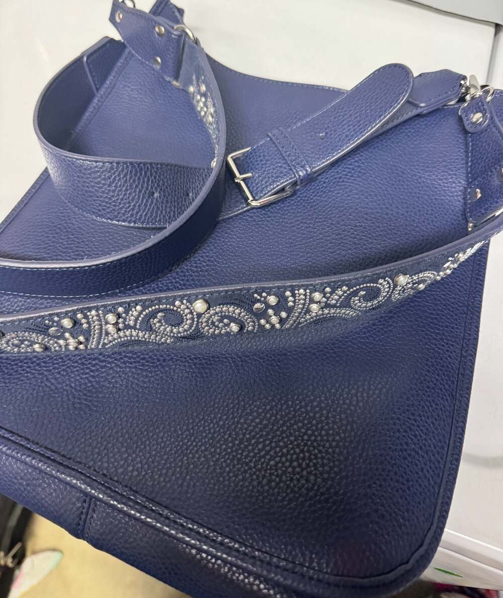 Blue Pebbled Leather Crossbody Bag with Studded/Pearl Embellished Strap - Picture 11 of 12
